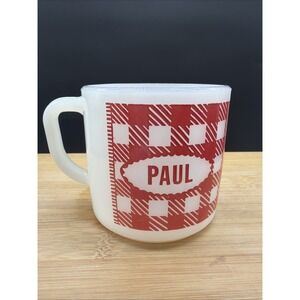 Paul Vtg Mid-Century Westfield White & Red Gingham Plaid Coffee Cup Mug
